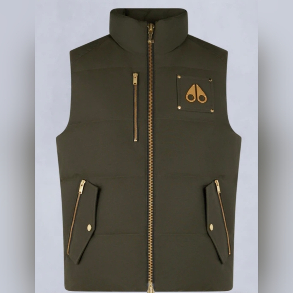 Moose Knuckle Olive Green Quilted Vest with Gold Accents